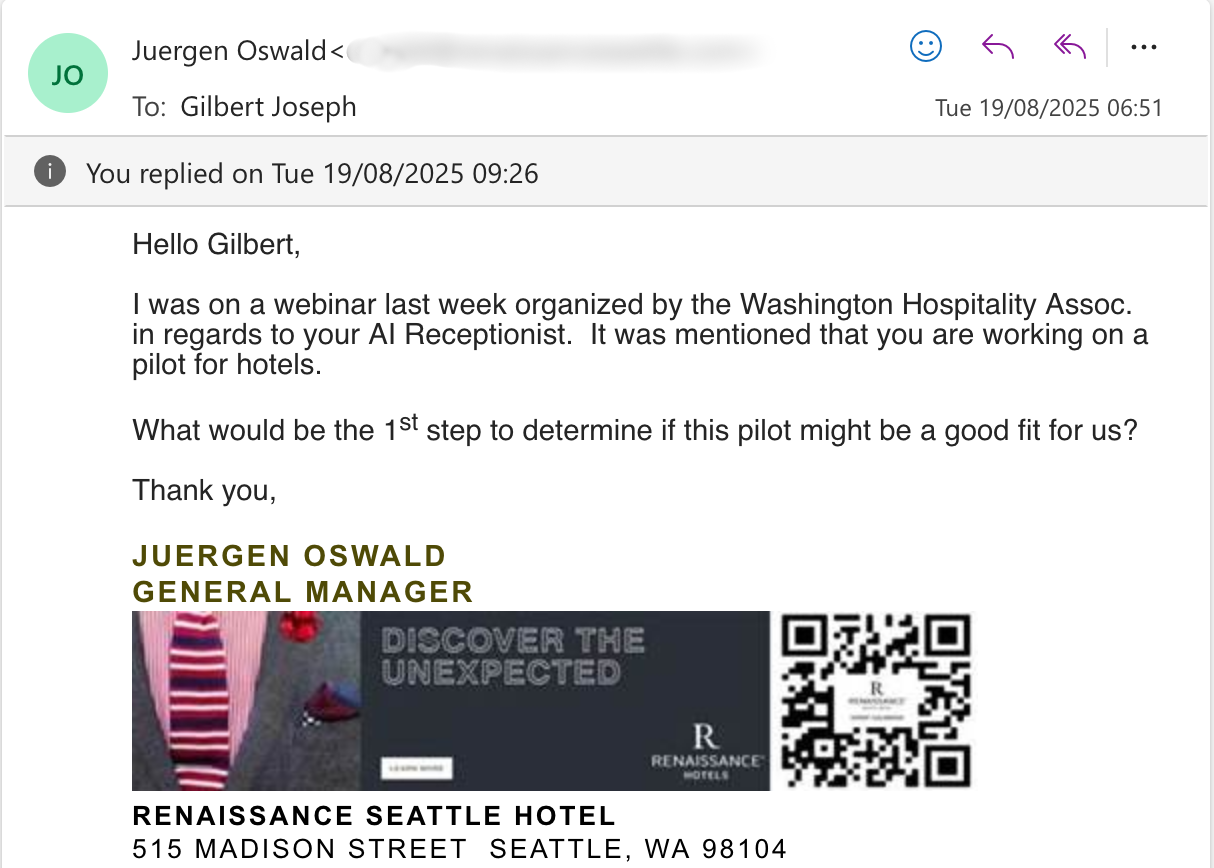 Email from Juergen Oswald, General Manager of Renaissance Seattle Hotel, asking about the AI receptionist pilot