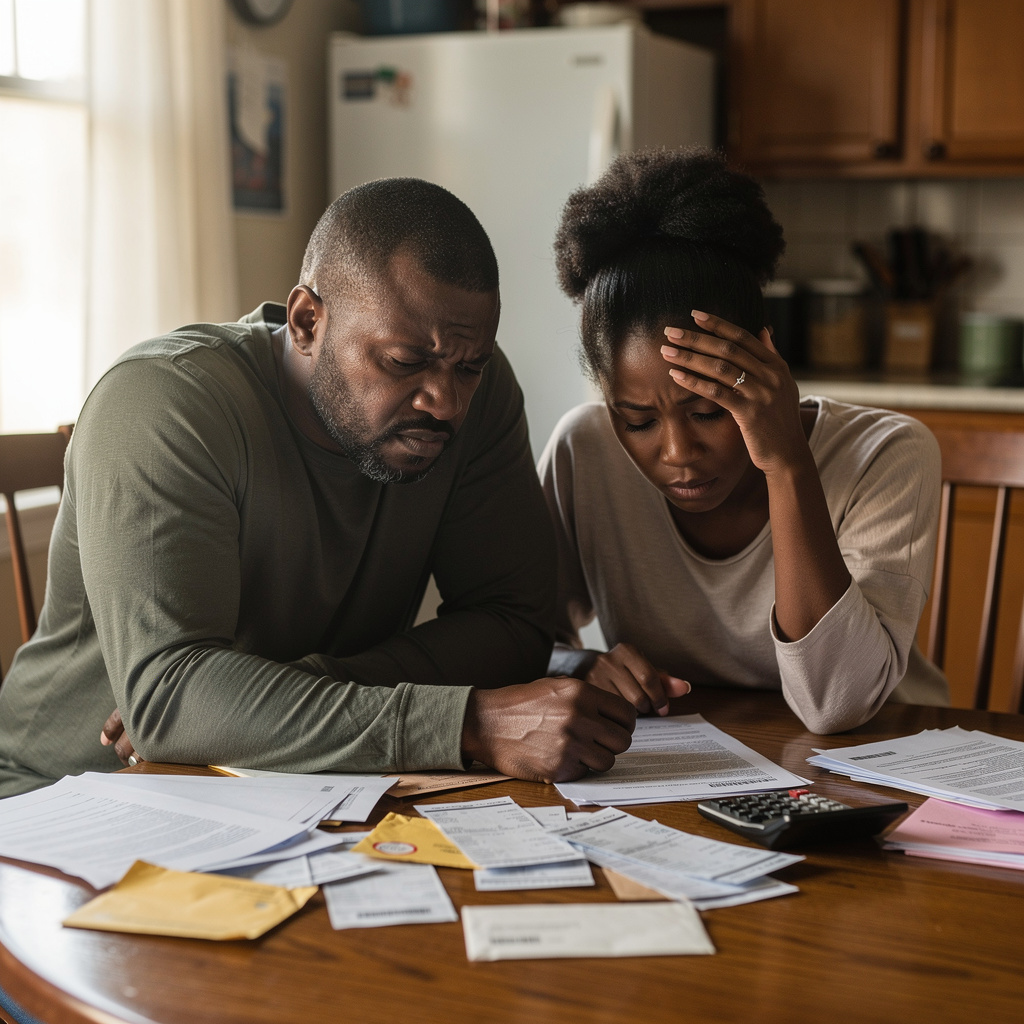 Photorealistic lifestyle image of a middle-aged Black couple sitting at a kitchen table, worried/concerned expressions, looking down at bills and paperwork spread out on the table, soft natural window light, realistic home interior, candid documentary style, shallow depth of field, high resolution, no text, no logos, no watermarks